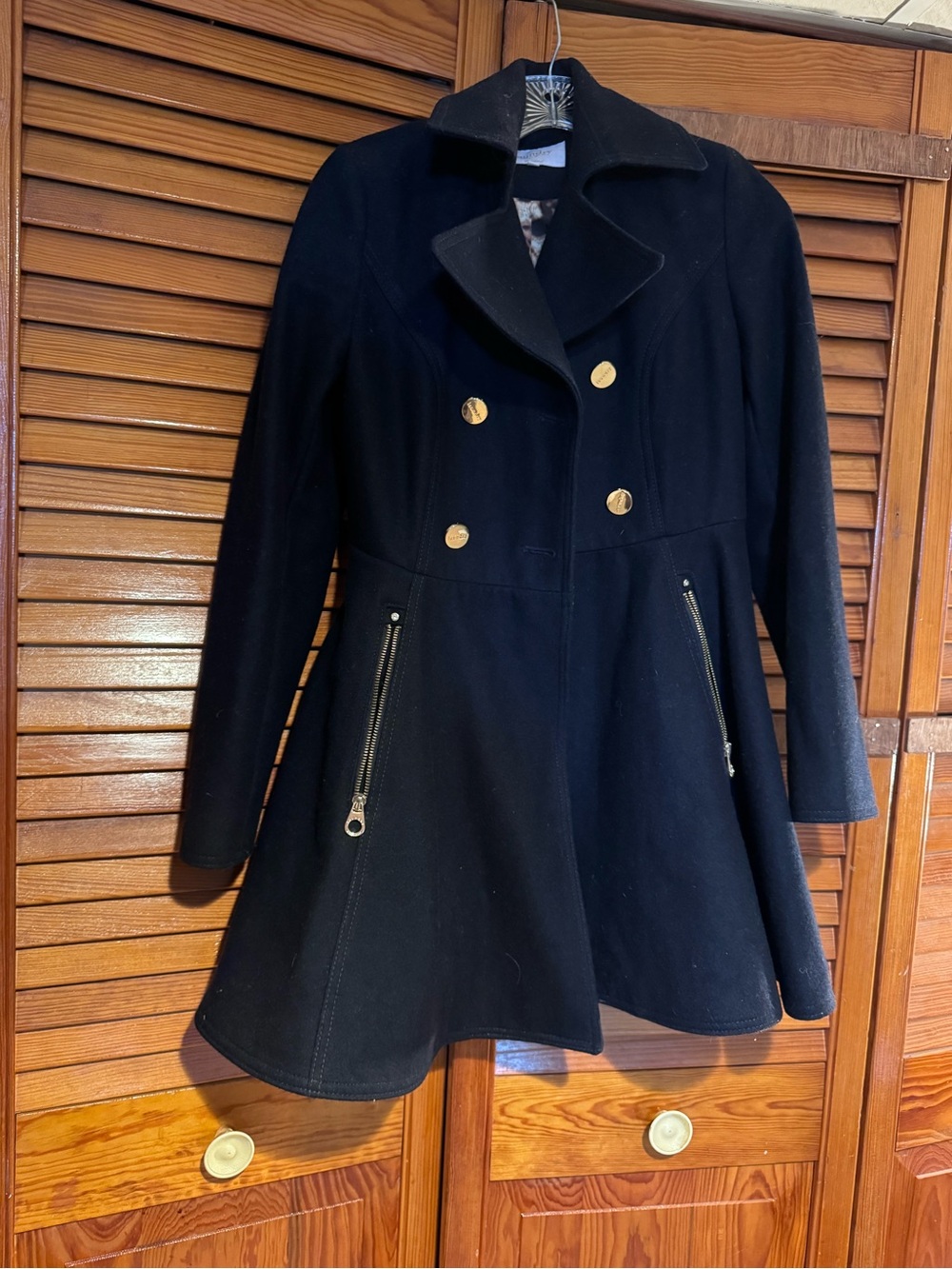 Laundry By Shelli Segal Black Double-Breasted Pea Coat with Gold Buttons